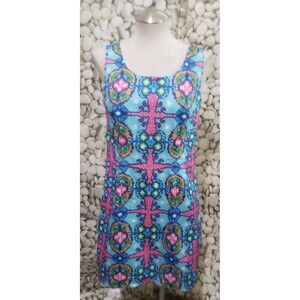 KAELI SMITH Dress Size 8 Blue Floral Sleeveless Cotton Spandex Lined Zip Cruise